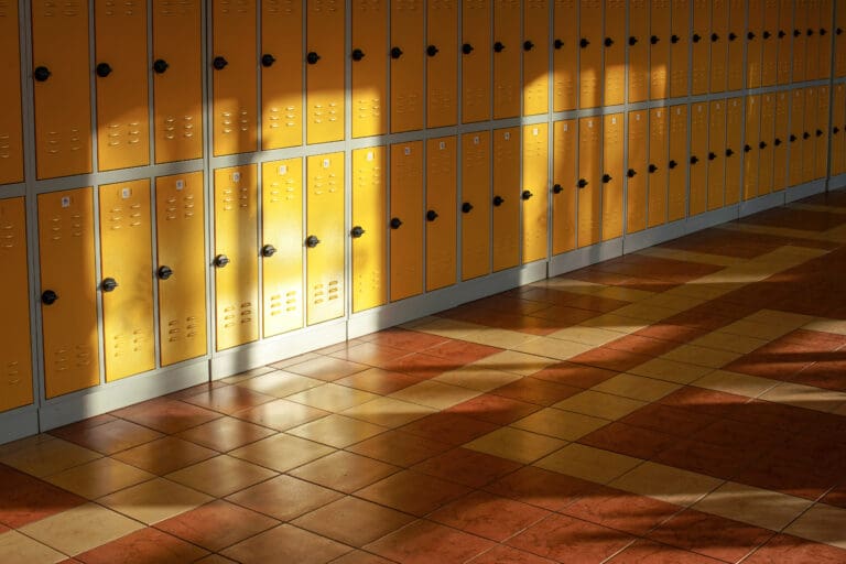 Sun,Shines,On,Empty,Elementary,School,Hall,,Numbered,Lockers,At