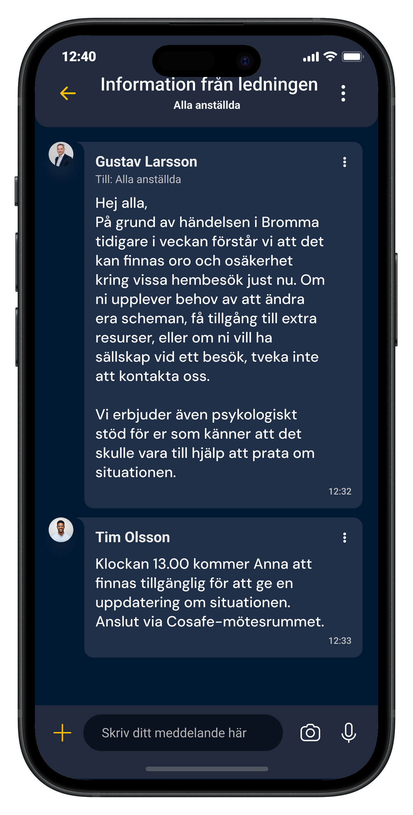 Cosafes larmapp visas på en mobilskärm, med funktioner som möjliggör att kommunicera effektivt vid incidenter och kritiska händelser.