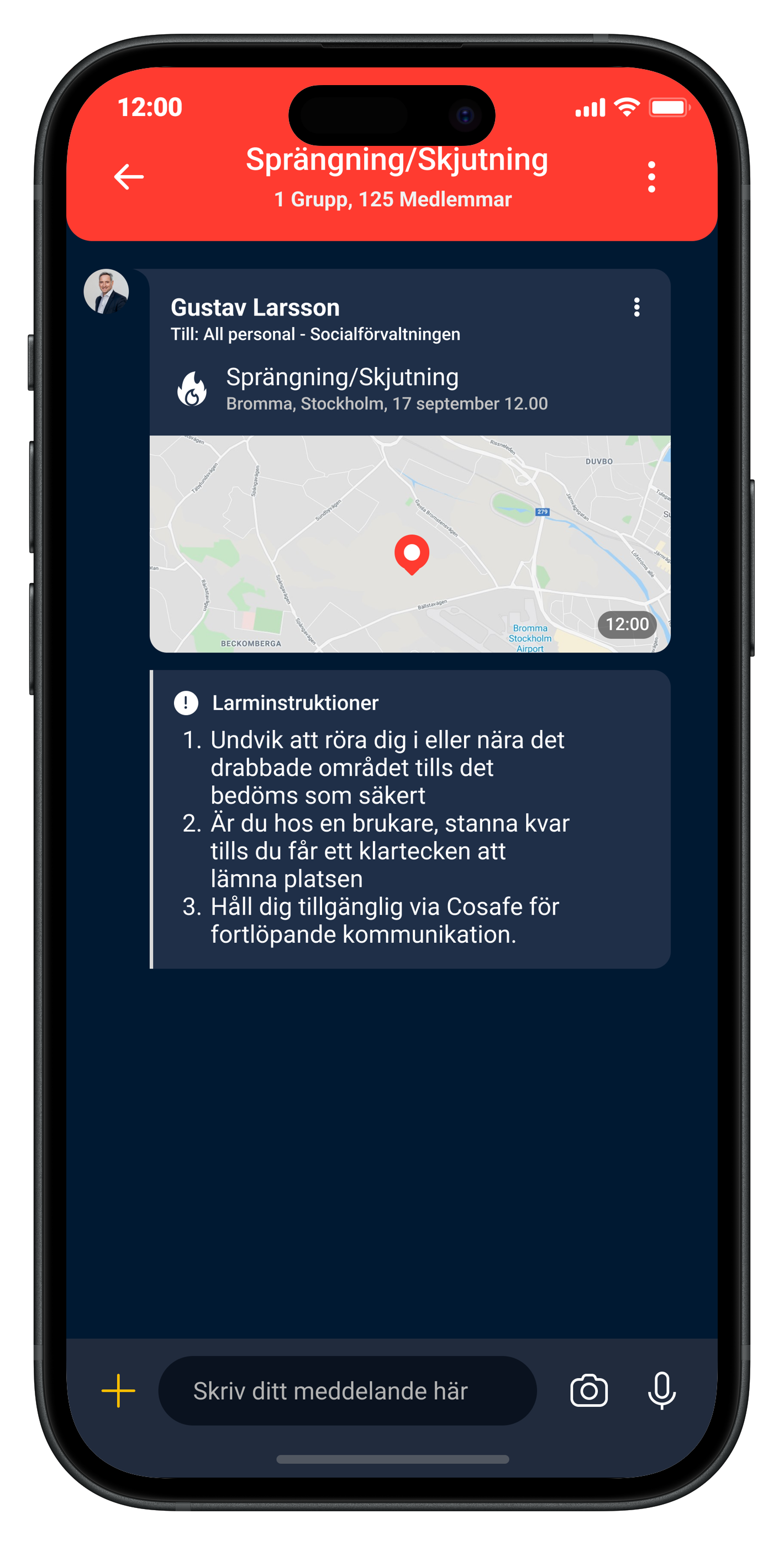 Cosafes larmapp visas på en mobilskärm, med funktioner som möjliggör snabb lokalisering av nödställda och effektiv krishantering.