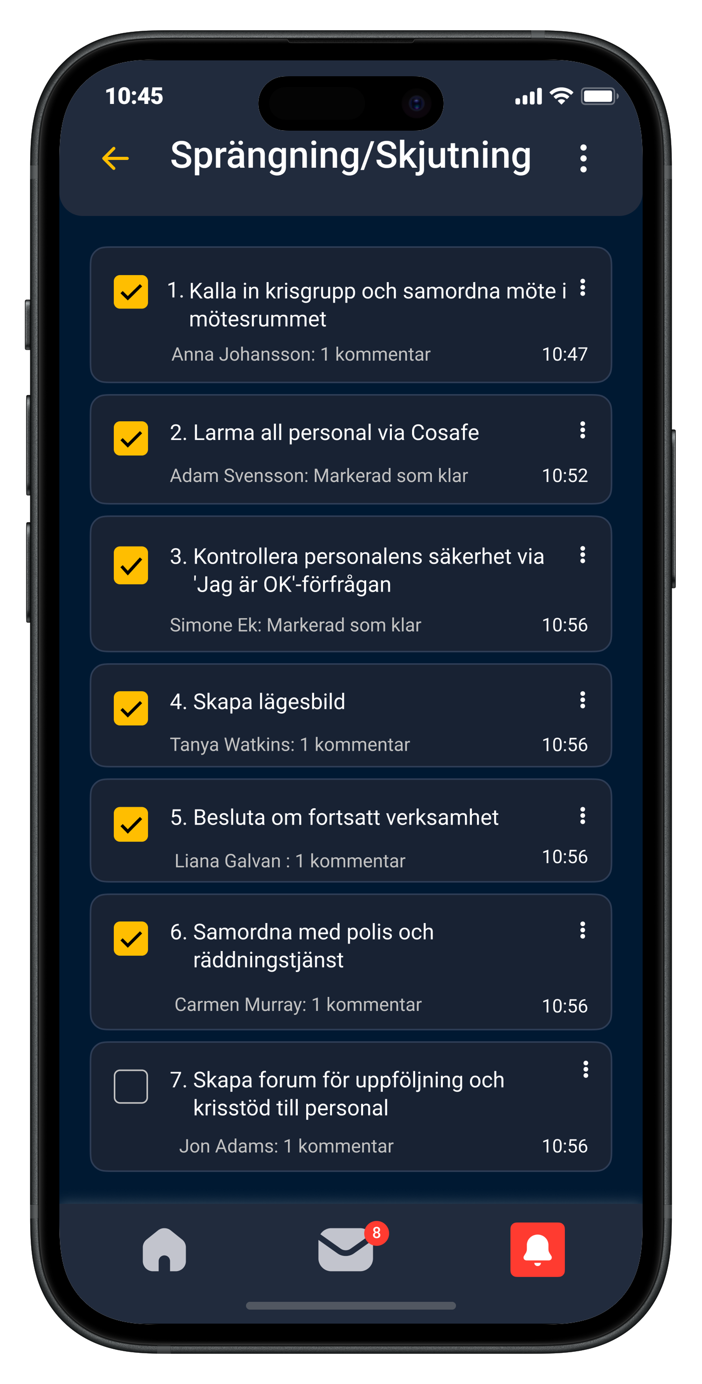 Cosafes larmapp visas på en mobilskärm, med funktioner som möjliggör att samordna insatser.