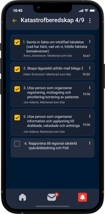 Cosafe larmapp funktion "handlingsplan" för sjukhus.
