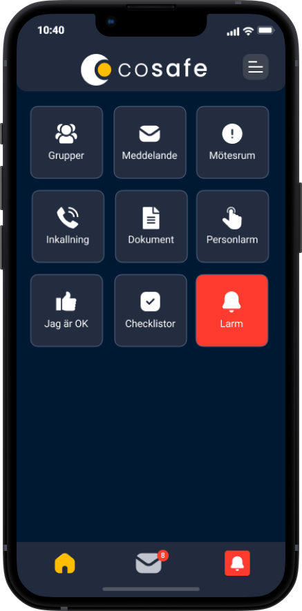 Larmappens olika funktioner visat i en mobil enhet.