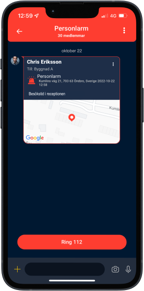 Cosafes personlarm för ensamarbete visat i larmapp för mobil enhet.