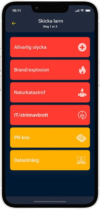 Cosafes krisapp visad på mobil enhet med larmknappar.