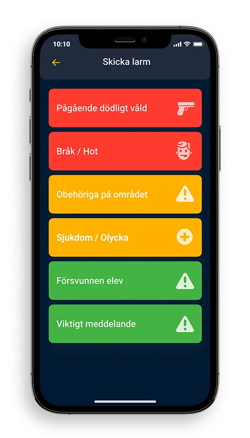Cosafes larmapp för skolsäkerhet visad på mobil med larmknappar för skolrelaterade incidenter